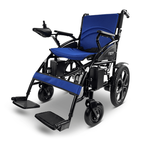 Blue ComfyGO 6011 Folding Electric Wheelchair - Angled View