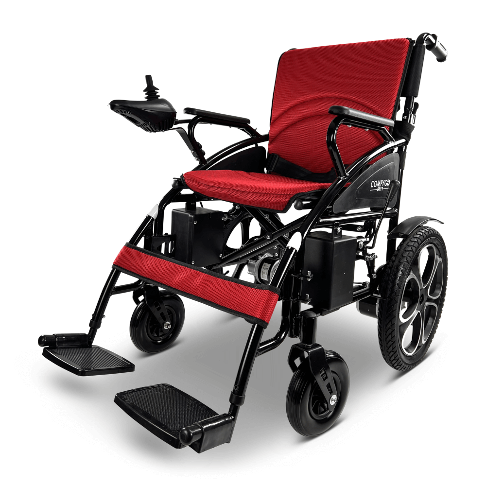 Red ComfyGO 6011 Folding Electric Wheelchair - Angled View