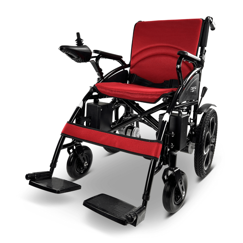 Red ComfyGO 6011 Folding Electric Wheelchair - Angled View
