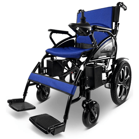 Blue ComfyGO 6011 Folding Electric Wheelchair - Angled View