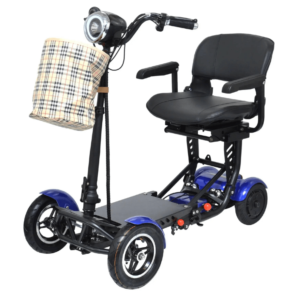 Wide Seat Blue ComfyGO MS 3000 Foldable Mobility Scooter with Basket - Angled View 