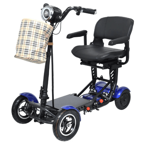 Wide Seat Blue ComfyGO MS 3000 Foldable Mobility Scooter with Basket - Angled View 