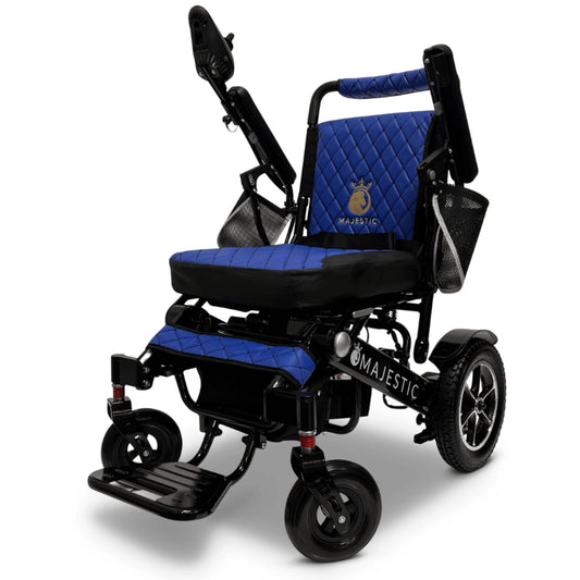 Blue Color Black Frame ComfyGO Majestic IQ-7000 Remote Controlled Electric Wheelchair - Angled View - Auto Folding