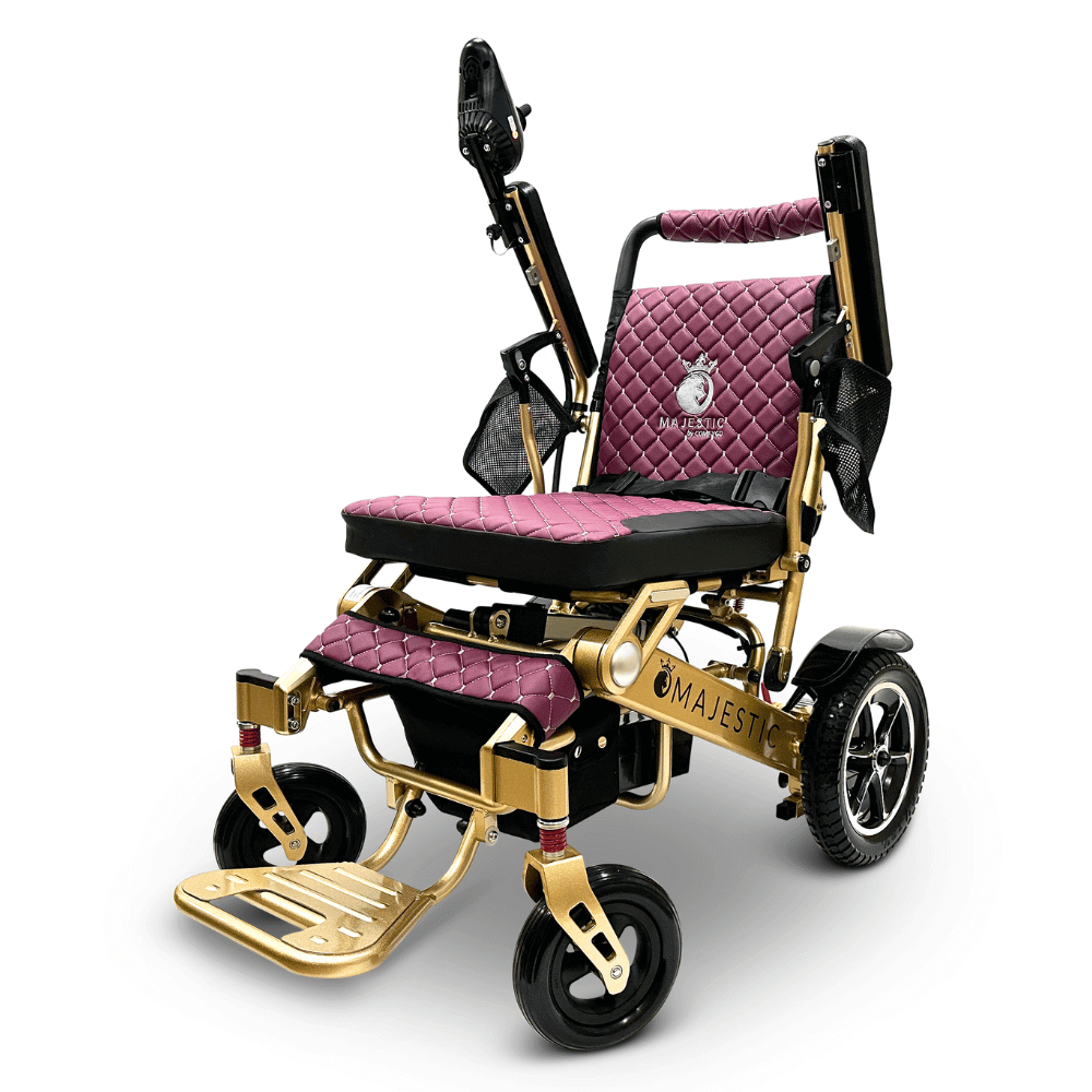 Purple Color Bronze Frame ComfyGO Majestic IQ-7000 Remote Controlled Electric Wheelchair - Angled View - Auto Folding