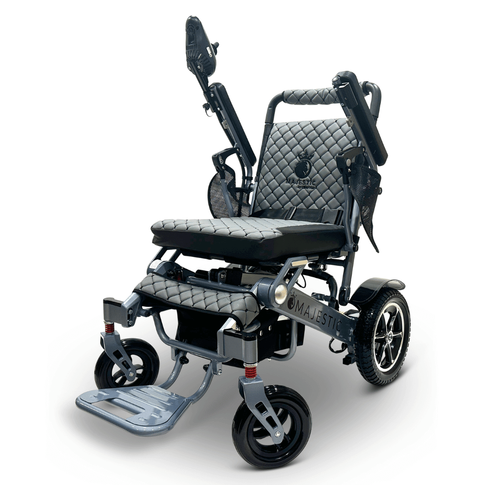 Coffee Color Silver Frame ComfyGO Majestic IQ-7000 Remote Controlled Electric Wheelchair - Angled View - Auto Folding 