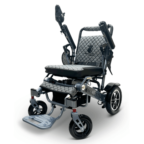 Coffee Color Silver Frame ComfyGO Majestic IQ-7000 Remote Controlled Electric Wheelchair - Angled View - Auto Folding 