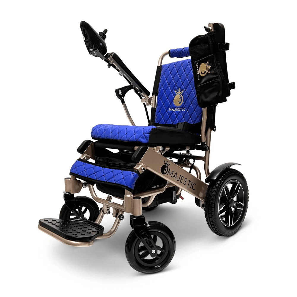 Blue Color Bronze Frame ComfyGO Majestic IQ-8000 Remote Controlled Foldable Electric Wheelchair - Angled View