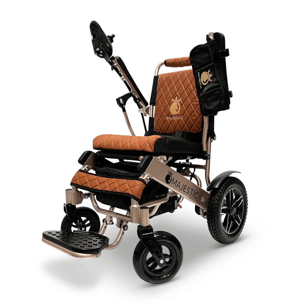 Taba Color Bronze Frame ComfyGO Majestic IQ-8000 Remote Controlled Foldable Electric Wheelchair - Angled View