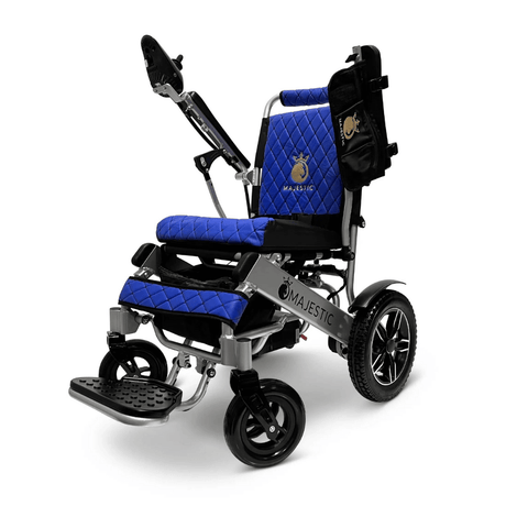 Blue Color Silver Frame ComfyGO Majestic IQ-8000 Remote Controlled Foldable Electric Wheelchair - Angled View