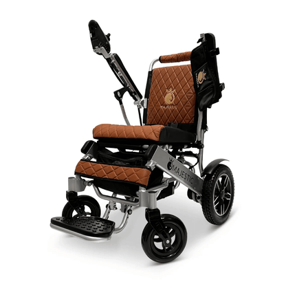 Taba Color Silver Frame ComfyGO Majestic IQ-8000 Remote Controlled Foldable Electric Wheelchair - Angled View
