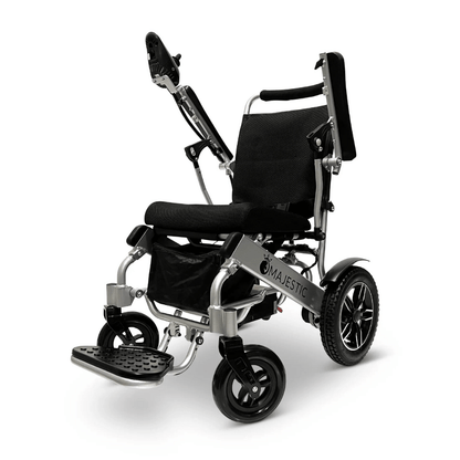 Standard Color Silver Frame ComfyGO Majestic IQ-8000 Remote Controlled Foldable Electric Wheelchair - Angled View