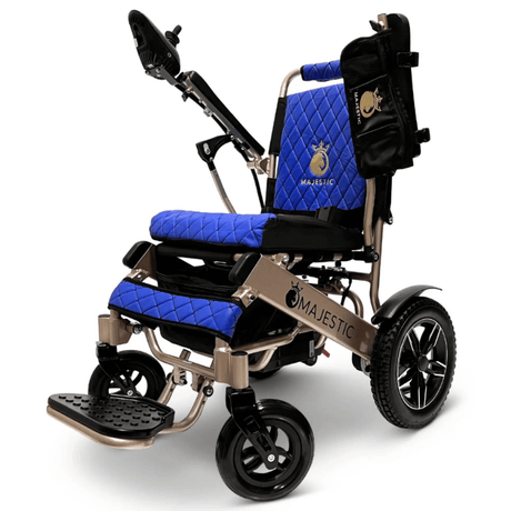 Blue Color Bronze Frame ComfyGO Majestic IQ-8000 Remote Controlled Foldable Electric Wheelchair - Angled View