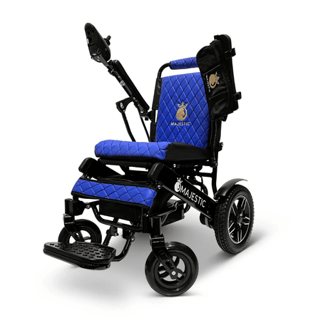 Blue Color Black Frame ComfyGO Majestic IQ-8000 Remote Controlled Foldable Electric Wheelchair - Angled View
