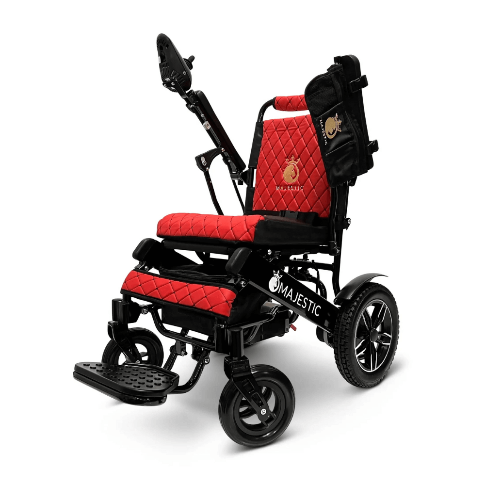 Red Color Black Frame ComfyGO Majestic IQ-8000 Remote Controlled Foldable Electric Wheelchair - Angled View