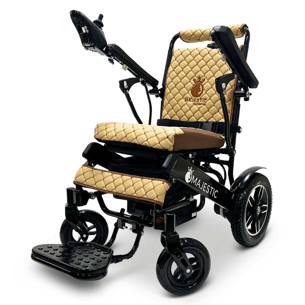 Coffee Color Black Frame ComfyGO Majestic IQ-8000 Remote Controlled Foldable Electric Wheelchair - Angled View