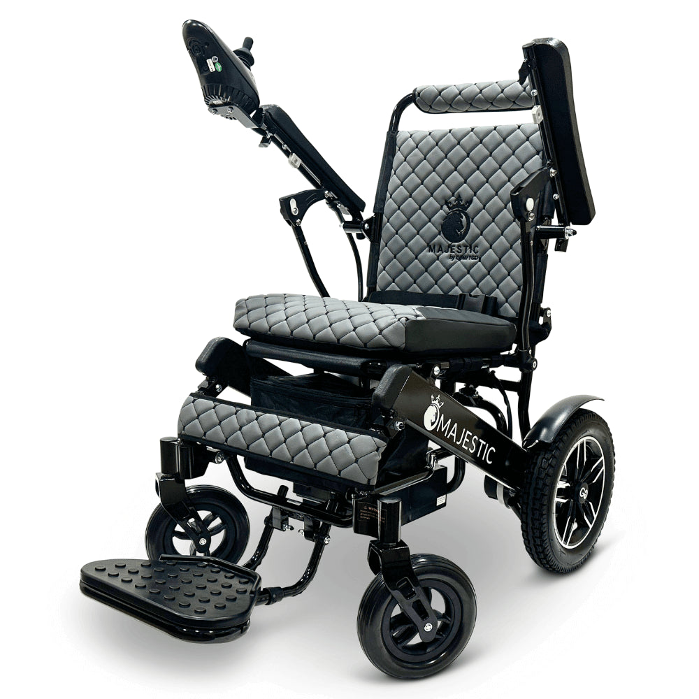 Gray Color Black Frame ComfyGO Majestic IQ-8000 Remote Controlled Foldable Electric Wheelchair - Angled View