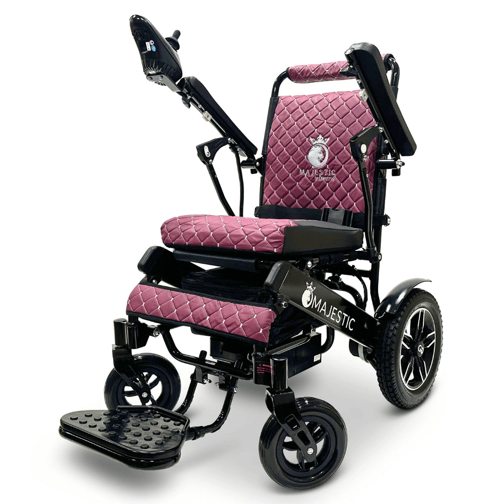 Purple Color Black Frame ComfyGO Majestic IQ-8000 Remote Controlled Foldable Electric Wheelchair - Angled View