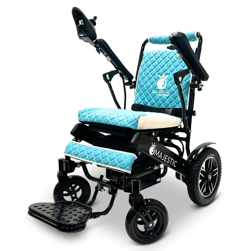 Teal Color Black Frame ComfyGO Majestic IQ-8000 Remote Controlled Foldable Electric Wheelchair - Angled View