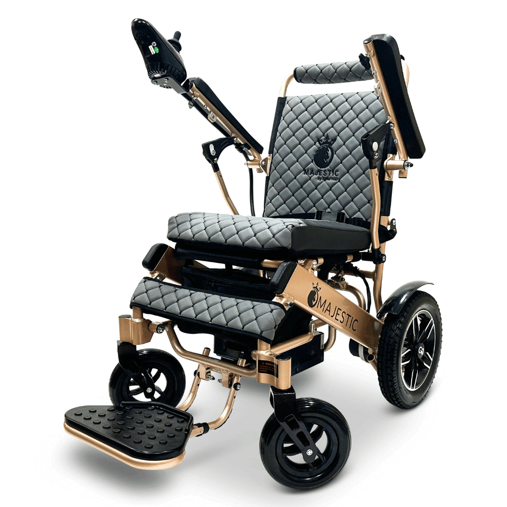 Gray Color Bronze Frame ComfyGO Majestic IQ-8000 Remote Controlled Foldable Electric Wheelchair - Angled View