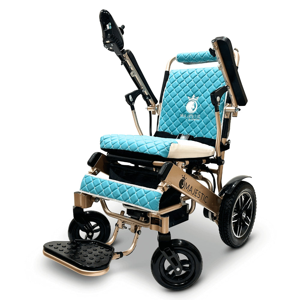 Teal Color Bronze Frame ComfyGO Majestic IQ-8000 Remote Controlled Foldable Electric Wheelchair - Angled View