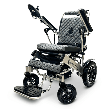 Gray Color Silver Frame ComfyGO Majestic IQ-8000 Remote Controlled Foldable Electric Wheelchair - Angled View
