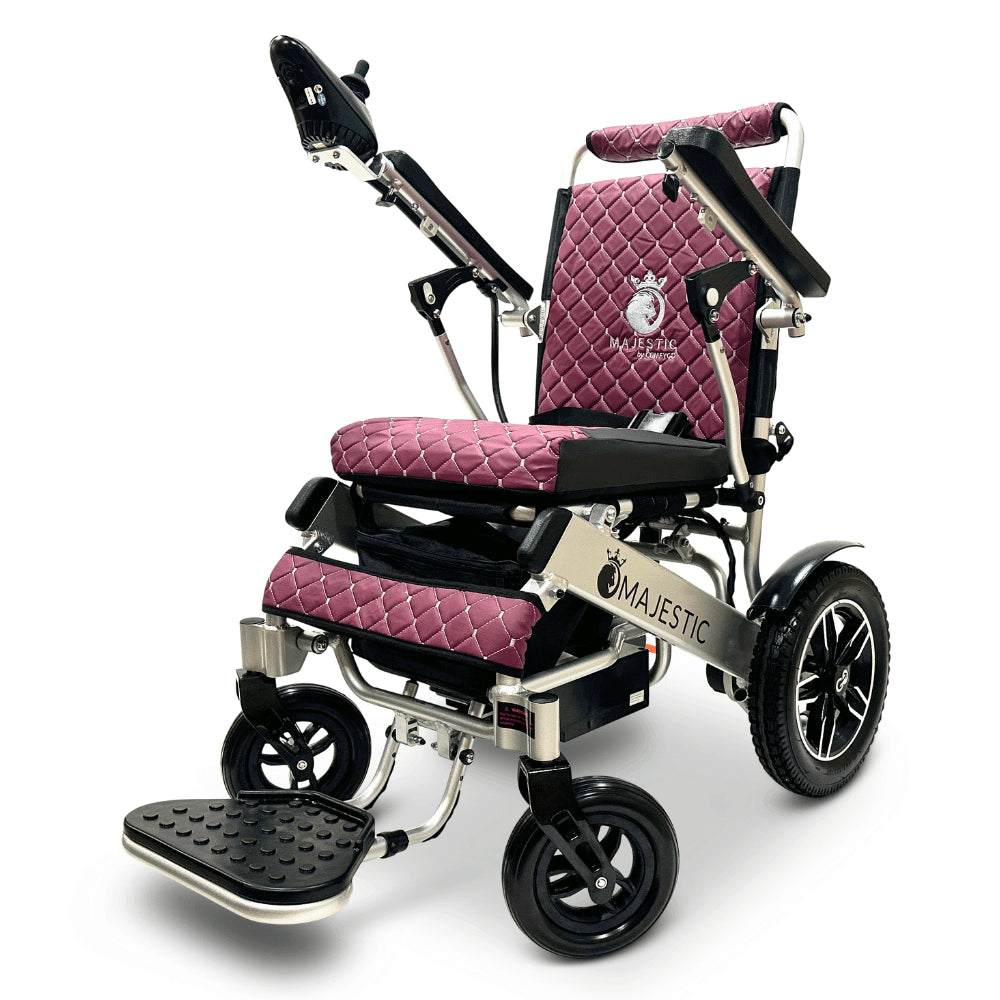 Purple Color Silver Frame ComfyGO Majestic IQ-8000 Remote Controlled Foldable Electric Wheelchair - Angled View