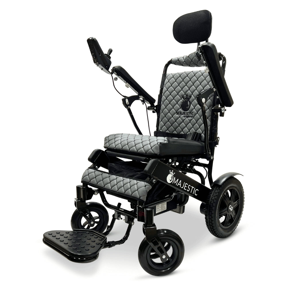 Black Color Silver Frame ComfyGO Majestic IQ-9000 Remote Controlled Foldable Electric Wheelchair - Angle View