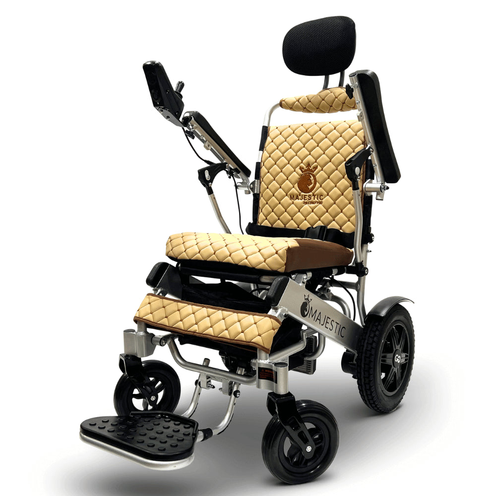 Coffee Color Silver Frame ComfyGO Majestic IQ-9000 Remote Controlled Foldable Electric Wheelchair - Angle View