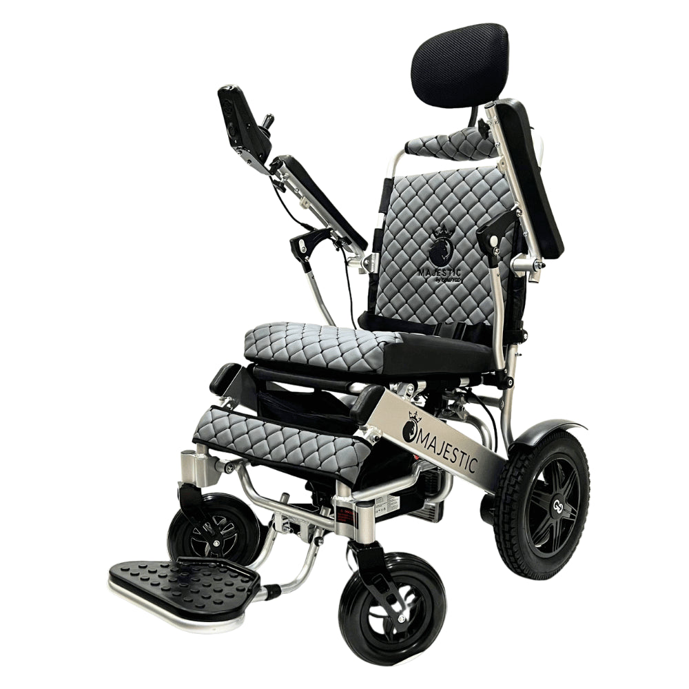 Gray Color Silver Frame ComfyGO Majestic IQ-9000 Remote Controlled Foldable Electric Wheelchair - Angle View