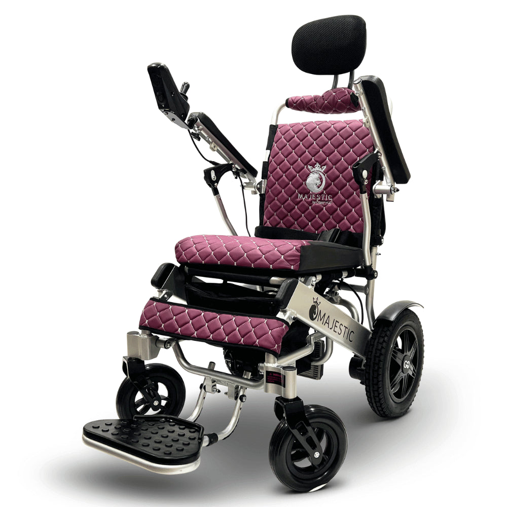 Purple Color Silver Frame ComfyGO Majestic IQ-9000 Remote Controlled Foldable Electric Wheelchair - Angle View