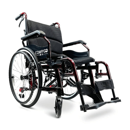 Standard Red ComfyGO X-1 Lightweight Manual Wheelchair - Angled View