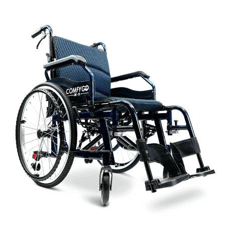 Standard Blue ComfyGO X-1 Lightweight Manual Wheelchair - Angled View