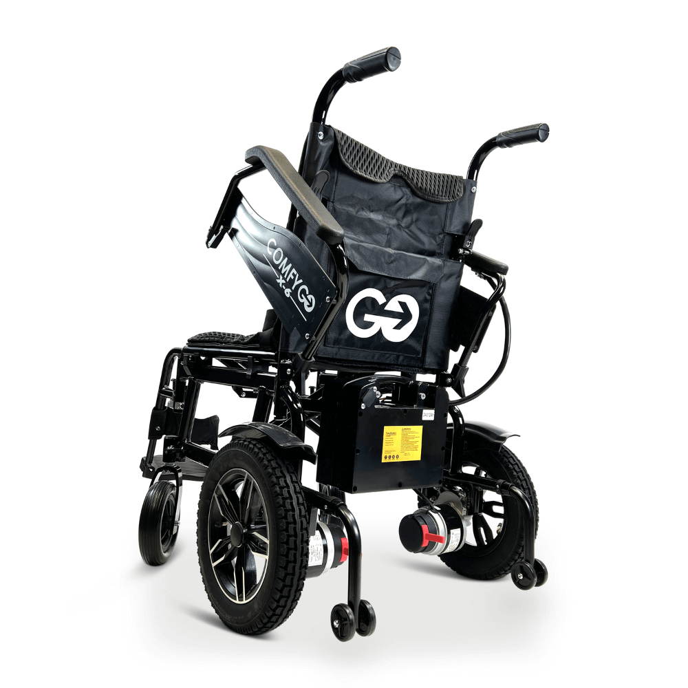 Black ComfyGO X-6 Lightweight Electric Wheelchair Lifted Armrests - Rear View