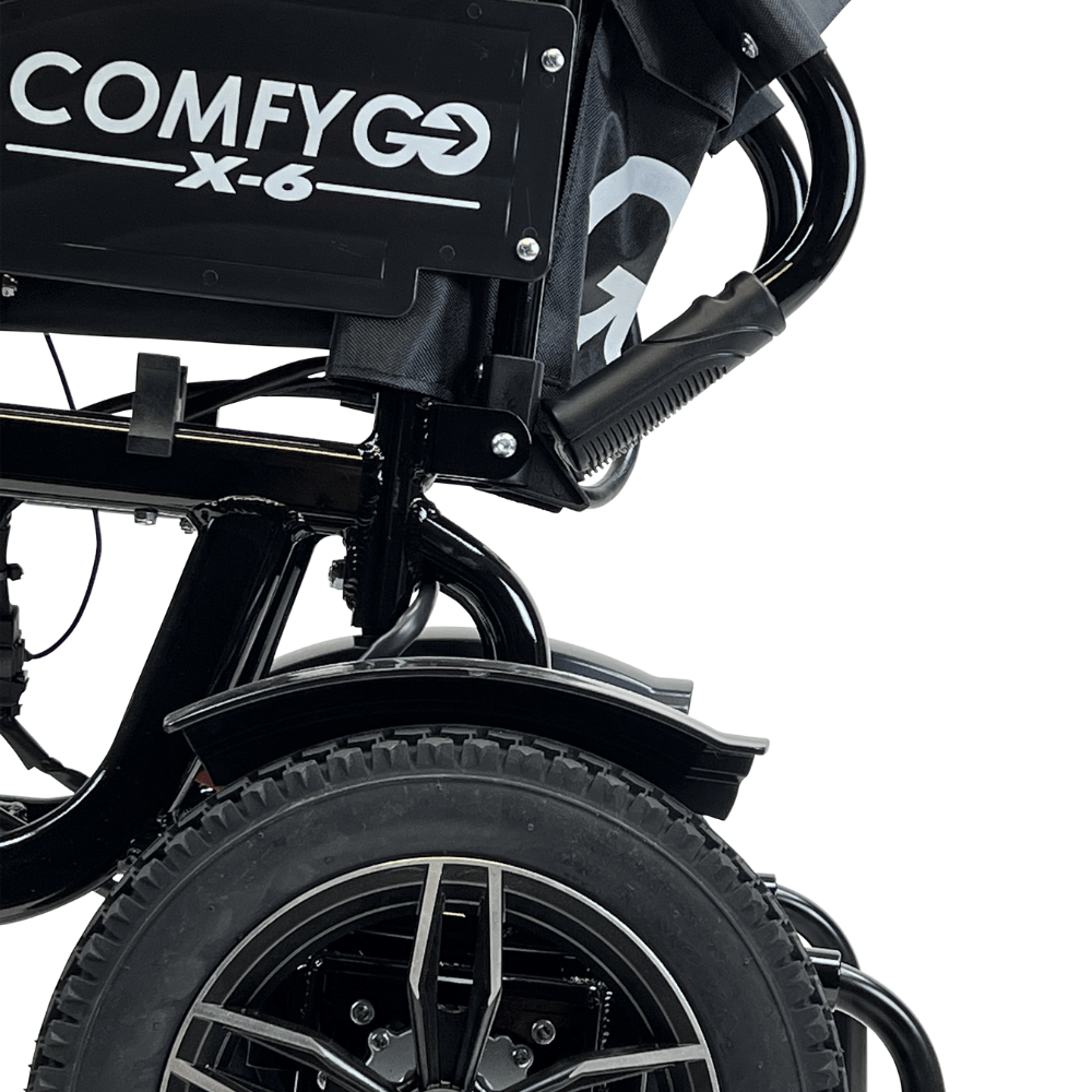 Black ComfyGO X-6 Lightweight Electric Wheelchair - Rear Side Close-up View