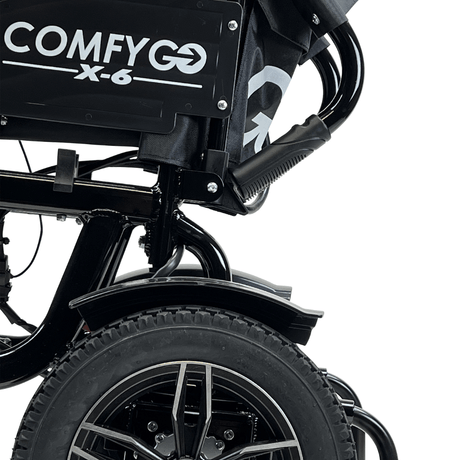 Black ComfyGO X-6 Lightweight Electric Wheelchair - Rear Side Close-up View