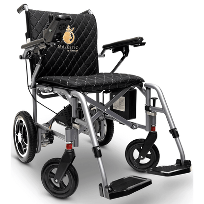 Black Color Silver Frame ComfyGO X-7 Lightweight Foldable Travel Electric Wheelchair - Angled View