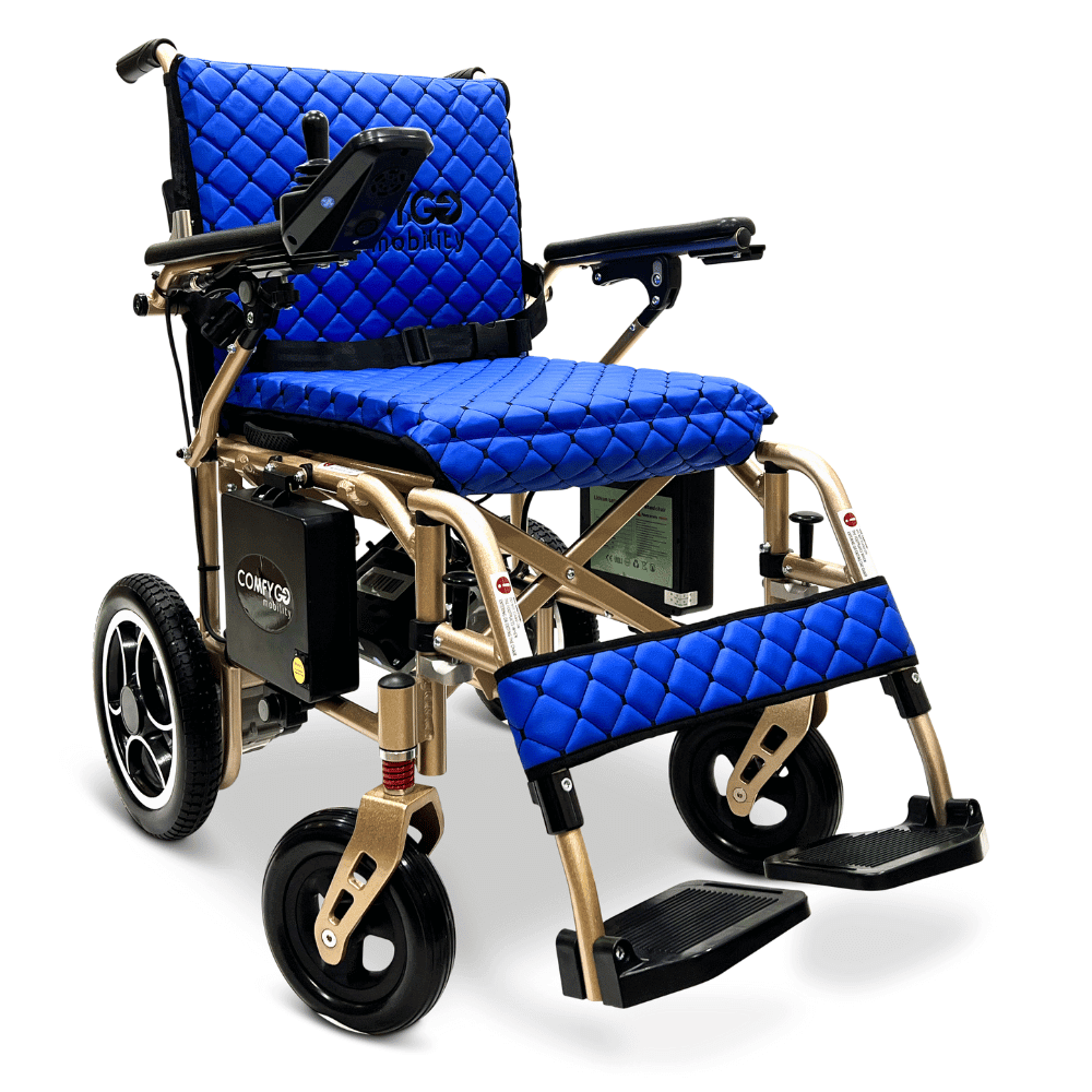 Blue Bronze Frame ComfyGO X-7 Lightweight Foldable Travel Electric Wheelchair - Angled View