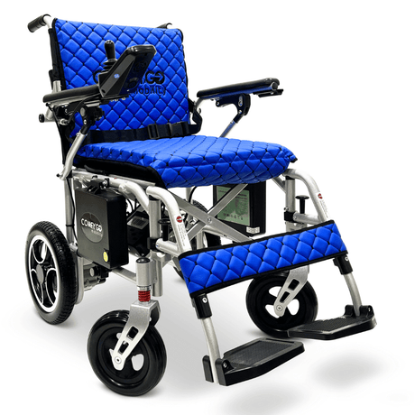 Blue Silver Frame ComfyGO X-7 Lightweight Foldable Travel Electric Wheelchair - Angled View