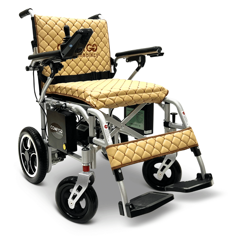 Coffee Silver Frame ComfyGO X-7 Lightweight Foldable Travel Electric Wheelchair - Angled View