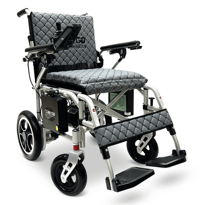 Gray Silver Frame ComfyGO X-7 Lightweight Foldable Travel Electric Wheelchair - Angled View