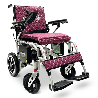 Purple Silver Frame ComfyGO X-7 Lightweight Foldable Travel Electric Wheelchair - Angled View
