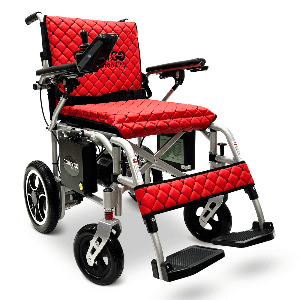 Red Silver Frame ComfyGO X-7 Lightweight Foldable Travel Electric Wheelchair - Angled View
