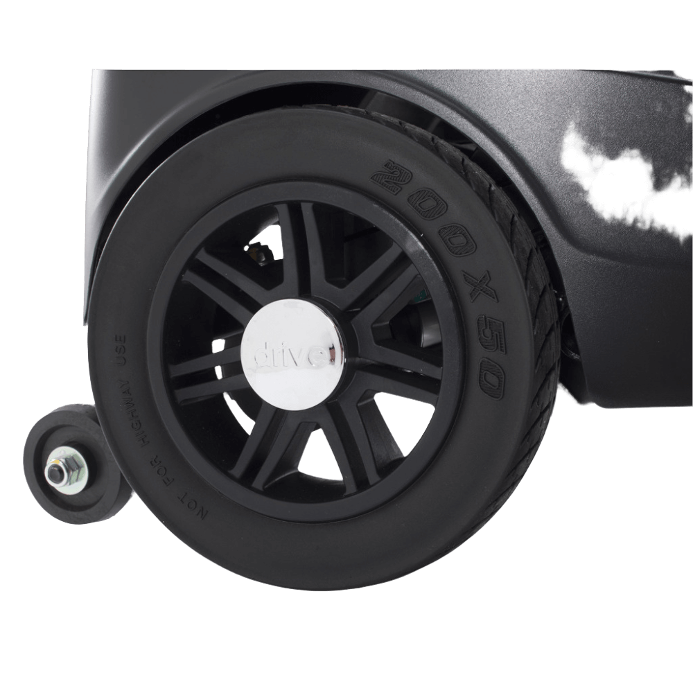 Drive Medical Scout 3-Wheel Compact Travel Power Scooter Close-Up of Wheel