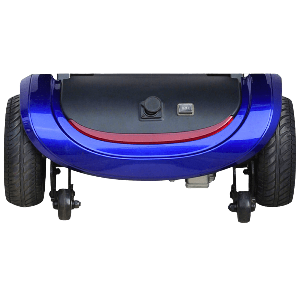 Drive Medical Zoome Auto-Flex Folding Travel Scooter Back Rear Wheels and Lights View