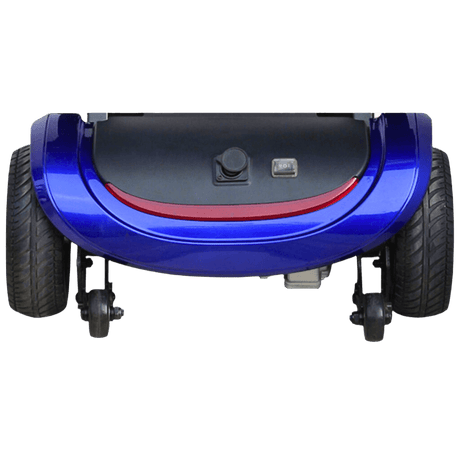 Drive Medical Zoome Auto-Flex Folding Travel Scooter Back Rear Wheels and Lights View