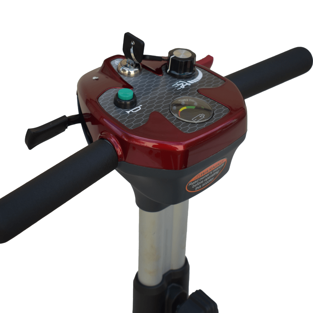 Metallic Red EV Rider CityBug Compact Portable 4 Wheel Mobility Scooter - Control Panel Close-up View
