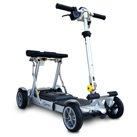 Silver Red EV Rider Gypsy Q2 Foldable Lightweight Mobility Scooter - Angled View