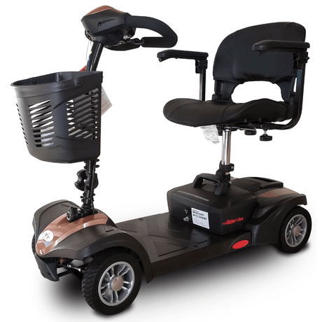 Rose Gold EV Rider MiniRider Lite Travel Mobility Scooter - Angled View