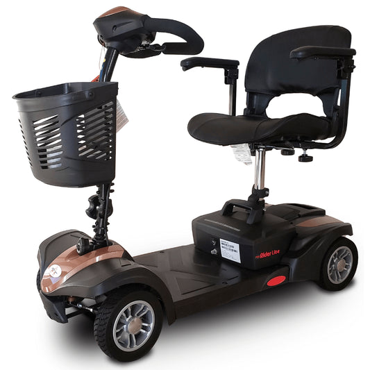 Rose Gold EV Rider MiniRider Lite Travel Mobility Scooter - Angled View