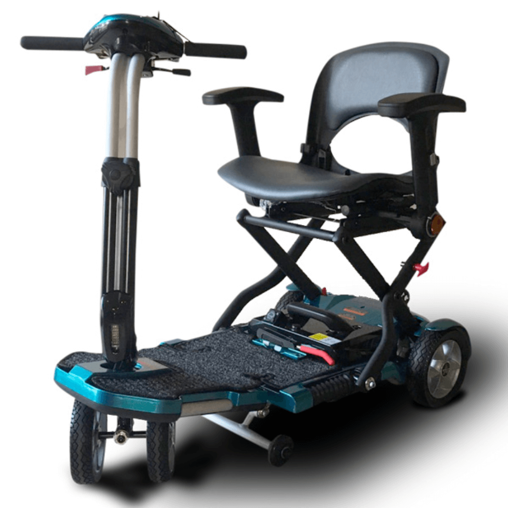 Open Box EV Rider Blue Transport Plus Foldable Mobility Scooter - Angled View